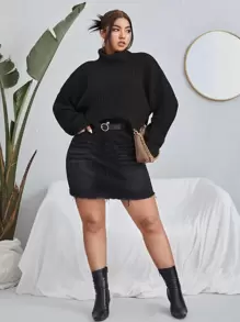 Flirla Áo len Plus Size Gân đan màu trơn Giải trí - màu đen - Xem 4
