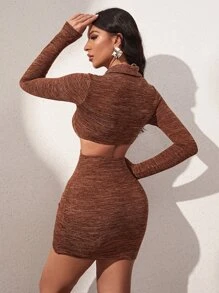 Marled Knit Cut Out Waist Bodycon Dress - Coffee Brown - View 2