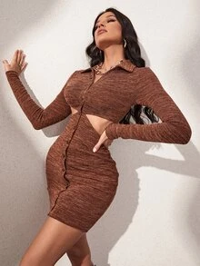 Marled Knit Cut Out Waist Bodycon Dress - Coffee Brown - View 3