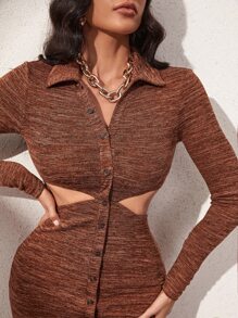 Marled Knit Cut Out Waist Bodycon Dress - Coffee Brown - View 6