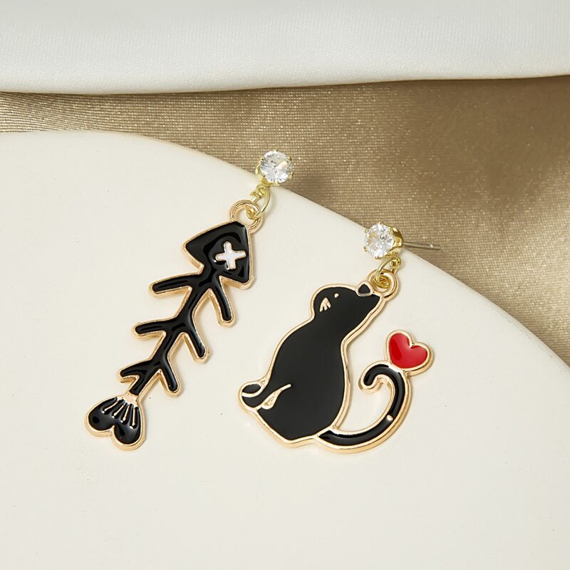 

Cat & Fish Drop Earrings, Black