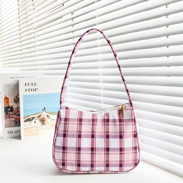 

Girls Plaid Pattern Square Bag, Pink