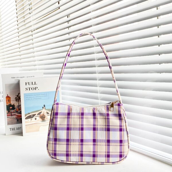 

Girls Plaid Pattern Square Bag, Purple
