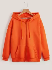 SHEIN EZwear 字母與蝴蝶印花加絨內裏拉鏈連帽衫 - 橘色 - 查看 2