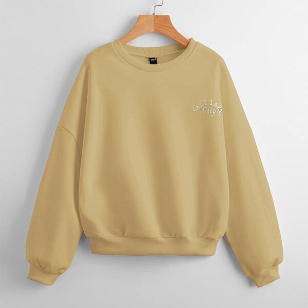 

Drop Shoulder Embroidery Letter Pullover, Khaki