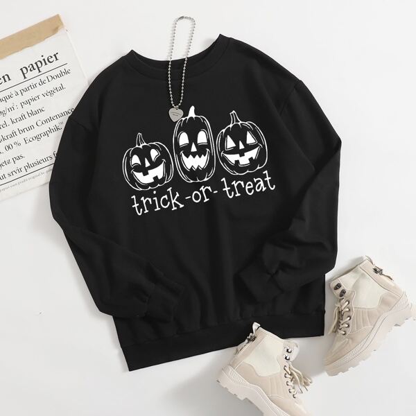 

Halloween Letter & Pumpkin Print Pullover, Black
