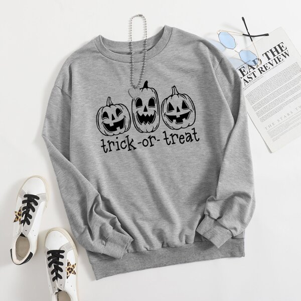 

Halloween Letter & Pumpkin Print Pullover, Grey