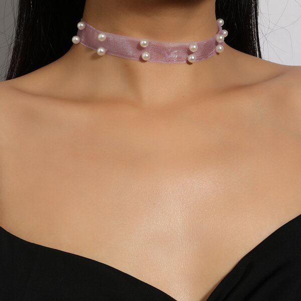 

Faux Pearl Decor Mesh Necklace, Mauve purple