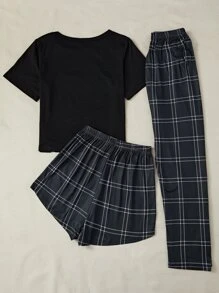 猫咪 & 标语图案 T 恤 & 格子短裤 & 长裤 睡衣套装 / 睡衣套装