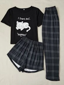 猫咪 & 标语图案 T 恤 & 格子短裤 & 长裤 睡衣套装 / 睡衣套装