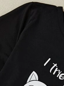 猫咪 & 标语图案 T 恤 & 格子短裤 & 长裤 睡衣套装 / 睡衣套装