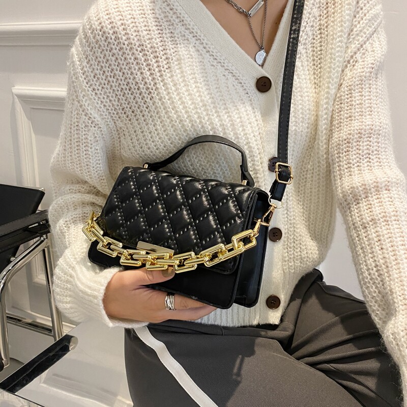 

Chain Decor Flap Satchel Bag, Black