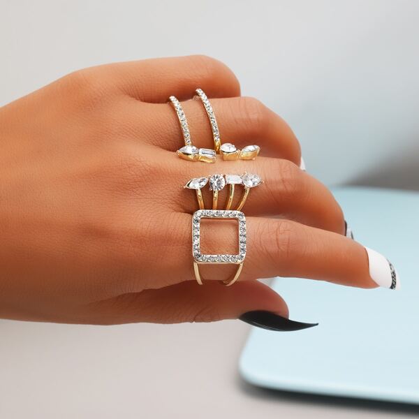 

3pcs Rhinestone Decor Ring, Gold