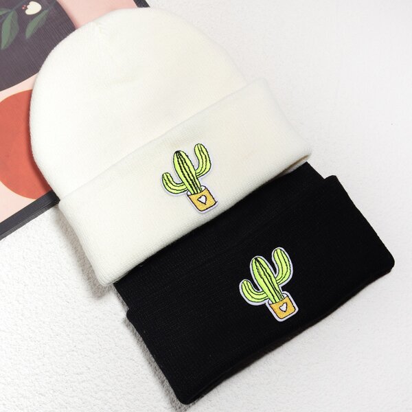 

2pcs Cactus Patch Decor Beanie, Black and white