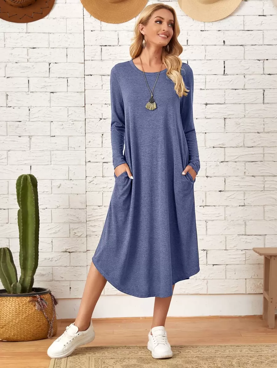 EMERY ROSE 雜色針織斜插口袋弧形下擺連衣裙 - 霧霾藍 - 查看 1