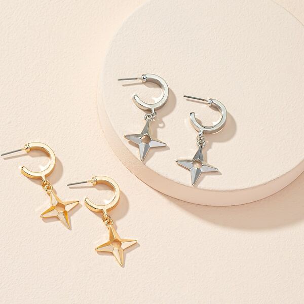 

2pairs Four-pointed Star Drop Earrings, Multicolor