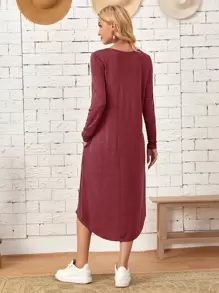 EMERY ROSE Women Knit Slanted Pocket Arc Hem Dress Casual Women Dresses Dress With Sleeves Long Fall Dress - Rose Red - View 2