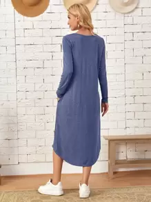 EMERY ROSE 雜色針織斜插口袋弧形下擺連衣裙 - 霧霾藍 - 查看 2