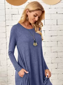 EMERY ROSE 雜色針織斜插口袋弧形下擺連衣裙 - 霧霾藍 - 查看 3