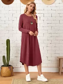 EMERY ROSE Women Knit Slanted Pocket Arc Hem Dress Casual Women Dresses Dress With Sleeves Long Fall Dress - Rose Red - View 3