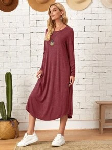 EMERY ROSE Women Knit Slanted Pocket Arc Hem Dress Casual Women Dresses Dress With Sleeves Long Fall Dress - Rose Red - View 4