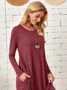 EMERY ROSE Women Knit Slanted Pocket Arc Hem Dress Casual Women Dresses Dress With Sleeves Long Fall Dress - Rose Red - View 5