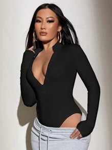 SHEIN SXY Spring And Summer Black High-Cut Zipper Deep V-Neck Sexy And Coquettish Tight Long-Sleeved Bodysuit - Black - View 5