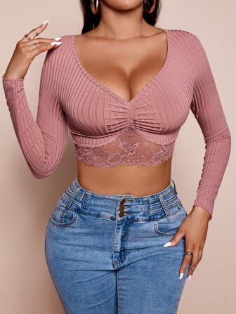 Contrast Lace Panel Crop Tee