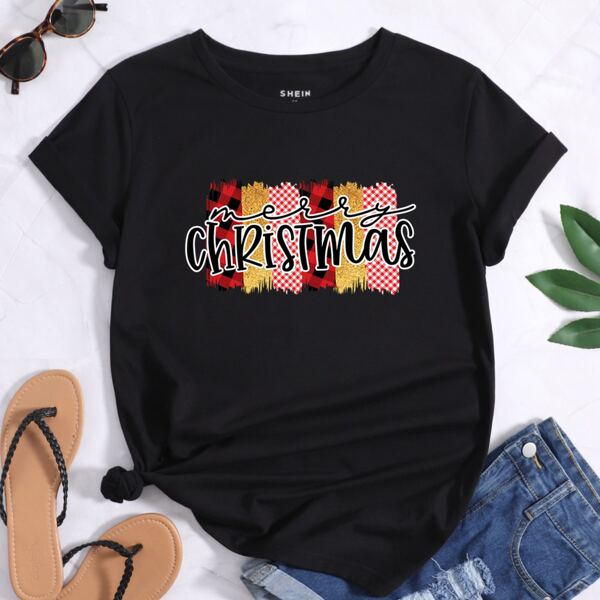 

Christmas And Gingham Print Tee, Black
