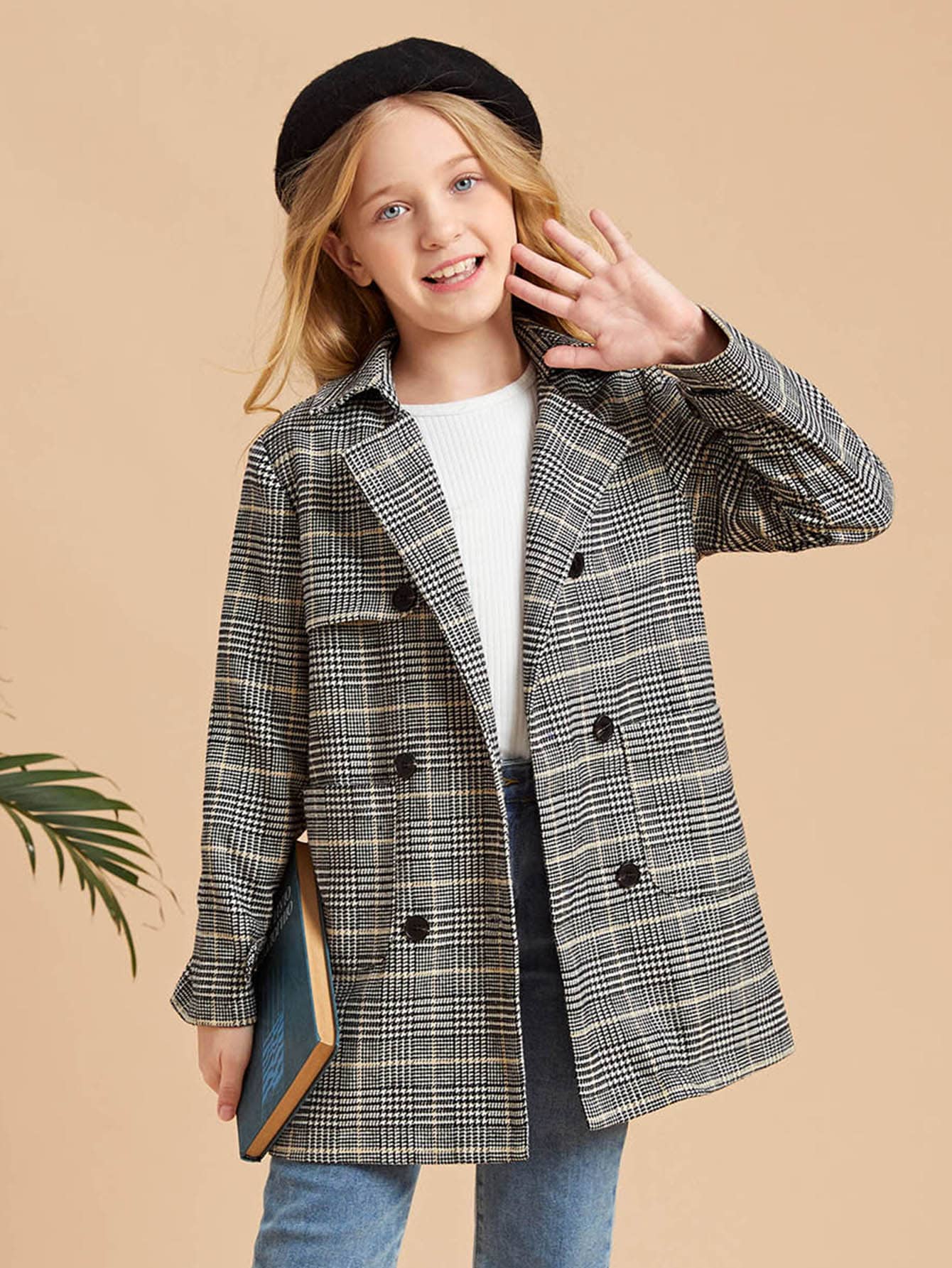 SHEIN Girls Plaid Print Double Button Overcoat - Multicolor - View 1