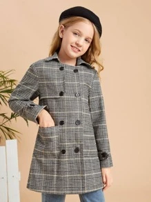 SHEIN Girls Plaid Print Double Button Overcoat - Multicolor - View 5