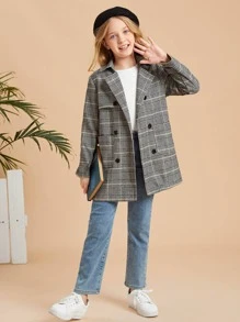 SHEIN Girls Plaid Print Double Button Overcoat - Multicolor - View 6
