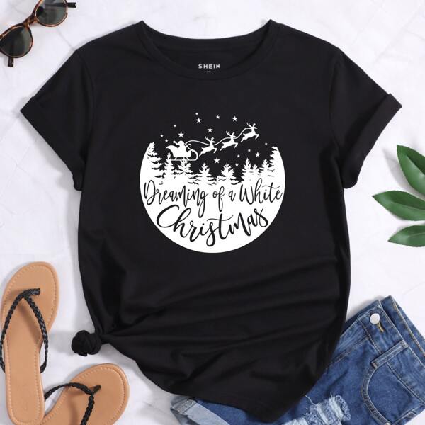 

Christmas Slogan & Elk Print Tee, Black