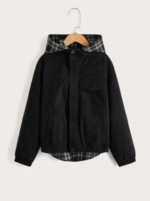 SHEIN 男孩格紋印花翻蓋口袋連帽夾克