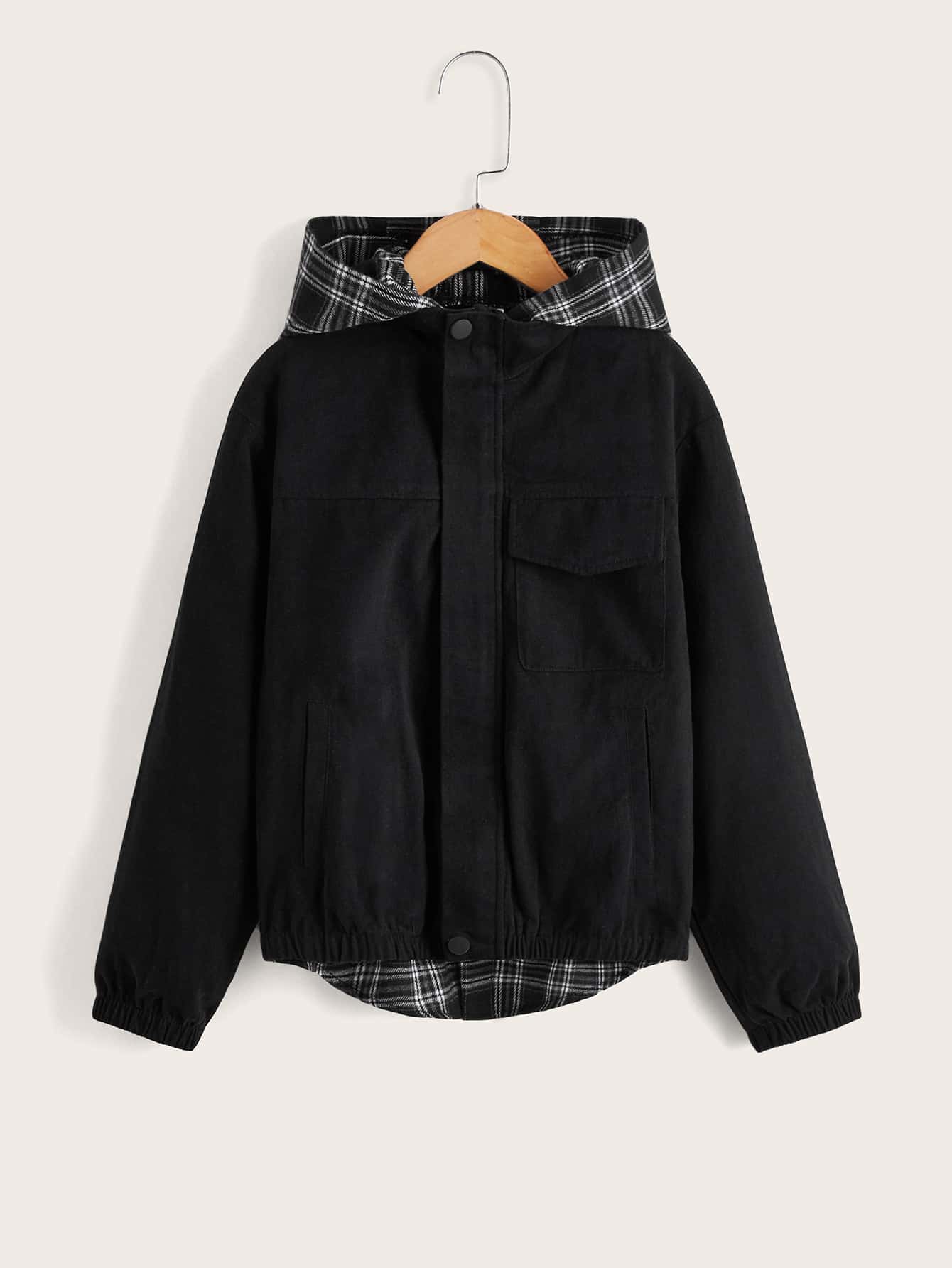 SHEIN 男孩格紋印花翻蓋口袋連帽夾克