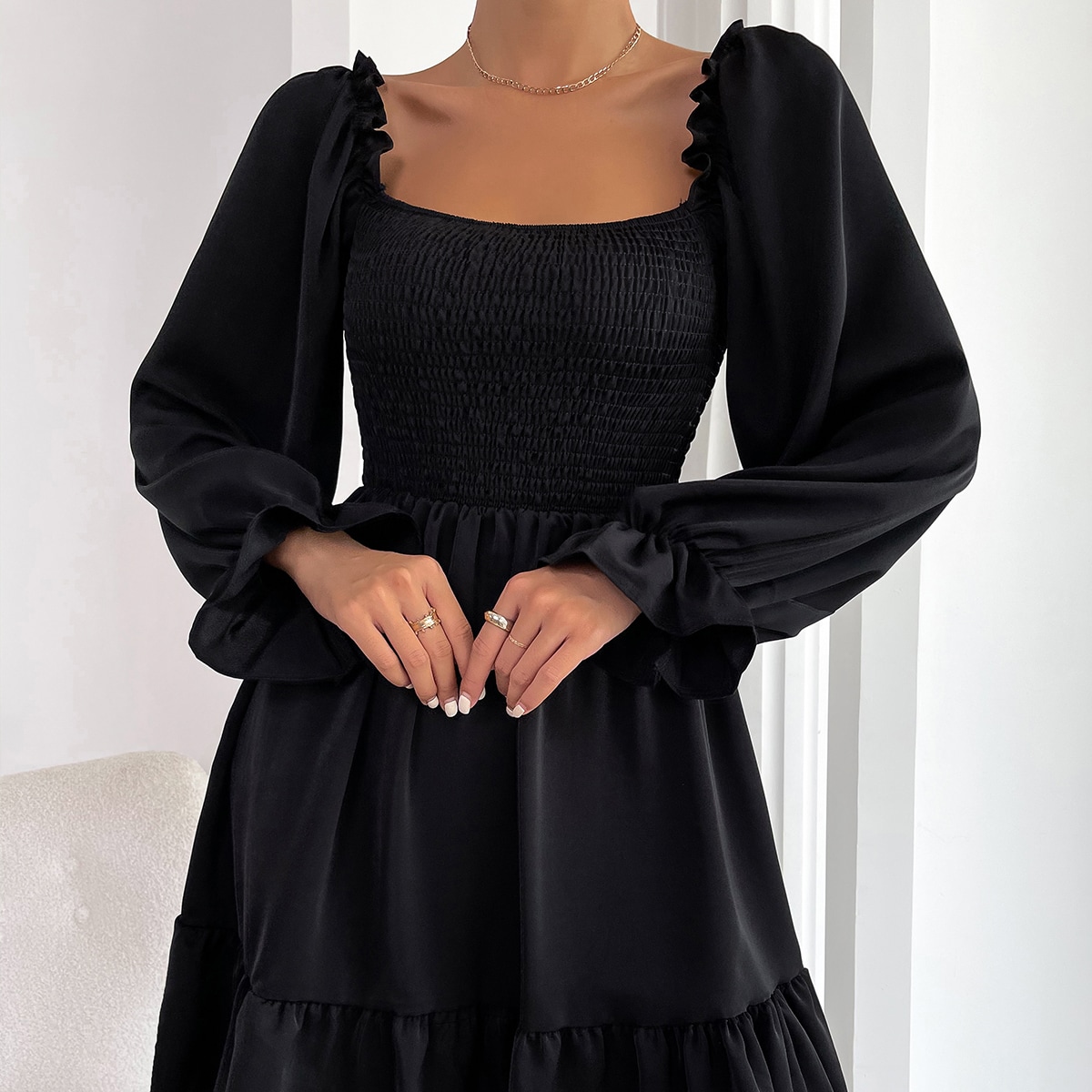 Square Neck Shirred Bodice Flounce Sleeve Ruffle Hem Dress