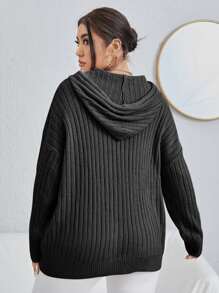Flirla Plus Drop Shoulder Hooded Sweater Knit Pullover Fall Winter Autumn - Black - View 2
