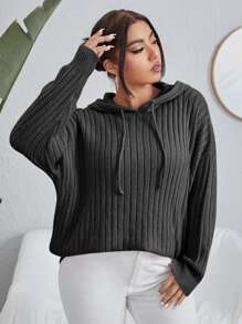 Flirla Plus Drop Shoulder Hooded Sweater Knit Pullover Fall Winter Autumn - Black - View 3