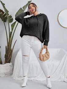 Flirla Plus Drop Shoulder Hooded Sweater Knit Pullover Fall Winter Autumn - Black - View 4