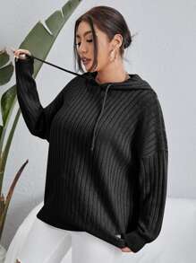 Flirla Plus Drop Shoulder Hooded Sweater Knit Pullover Fall Winter Autumn - Black - View 5