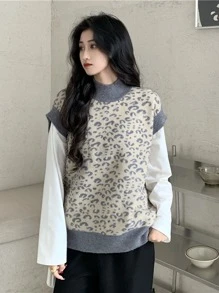 Contrast Trim Leopard Knit Vest - Multicolor - View 1