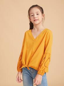 Girls Laser Cut Out Knot Hem Blouse - Yellow - View 1