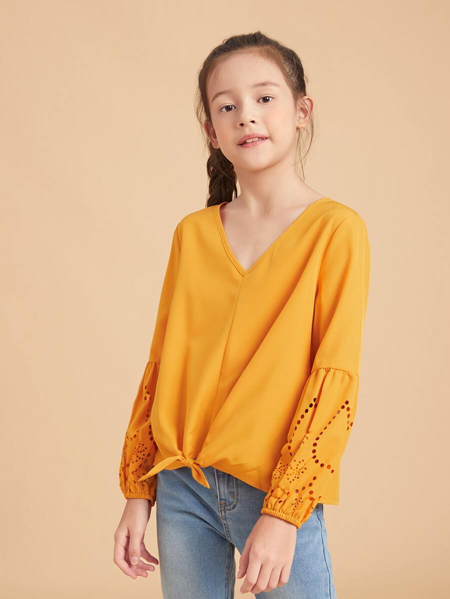 Girls Laser Cut Out Knot Hem Blouse - Yellow - View 1
