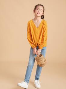 Girls Laser Cut Out Knot Hem Blouse - Yellow - View 3