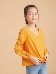 Girls Laser Cut Out Knot Hem Blouse - Yellow - View 4