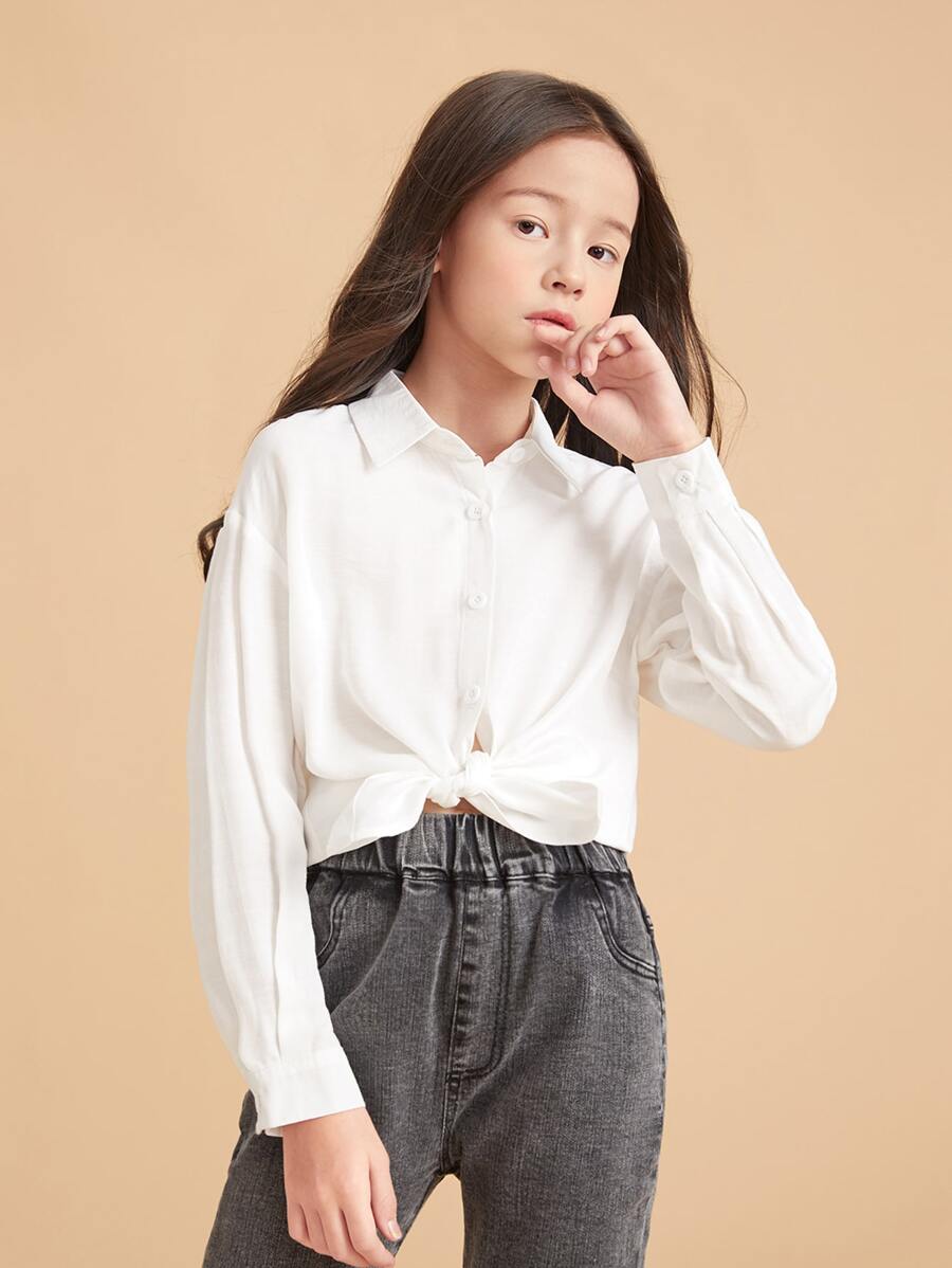 Áo cánh Gái Nút phía trước màu trơn Cơ bản - trắng - Xem 1