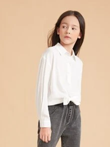 Áo cánh Gái Nút phía trước màu trơn Cơ bản - trắng - Xem 5