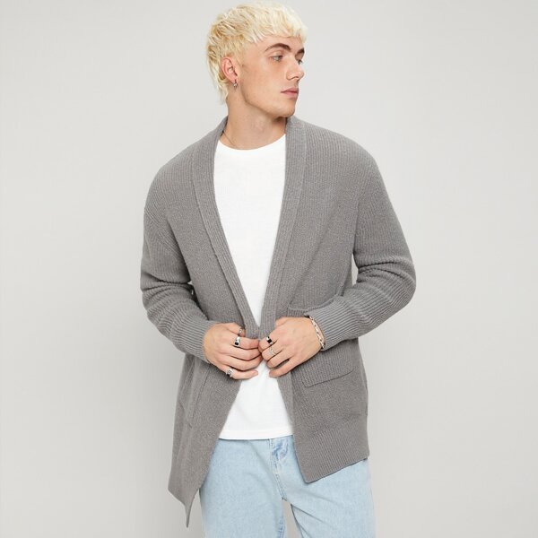 

Men Solid Dual Pocket Open Front Cardigan, Grey