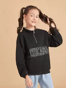 女孩字母圖案半開襟拉鏈運動衫 - 黑色 - 查看 1