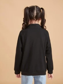 女孩字母圖案半開襟拉鏈運動衫 - 黑色 - 查看 2